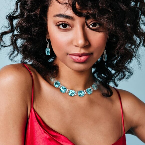 Blue Austrian Crystal Wedding Jewelry Set Necklace Earrings for Brides Bridesmai - Picture 6 of 8